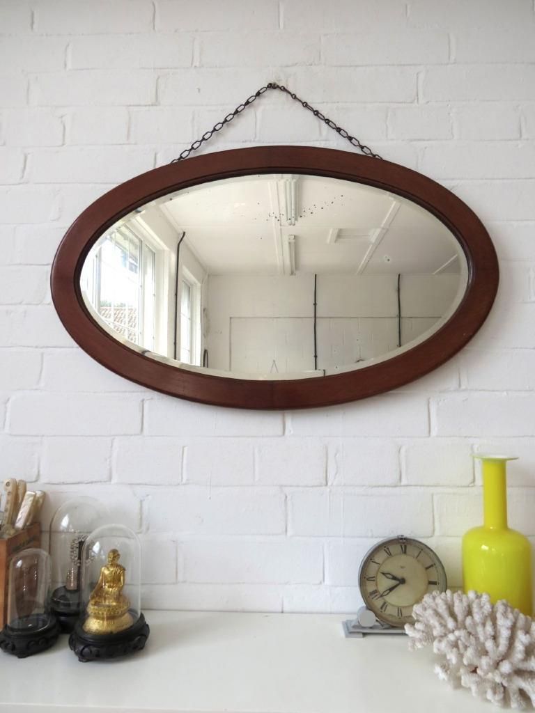 Vintage Large Oval Art Deco Bevelled Edge Wall Mirror With Wooden Frame Within Edged Wall Mirrors (View 2 of 15)