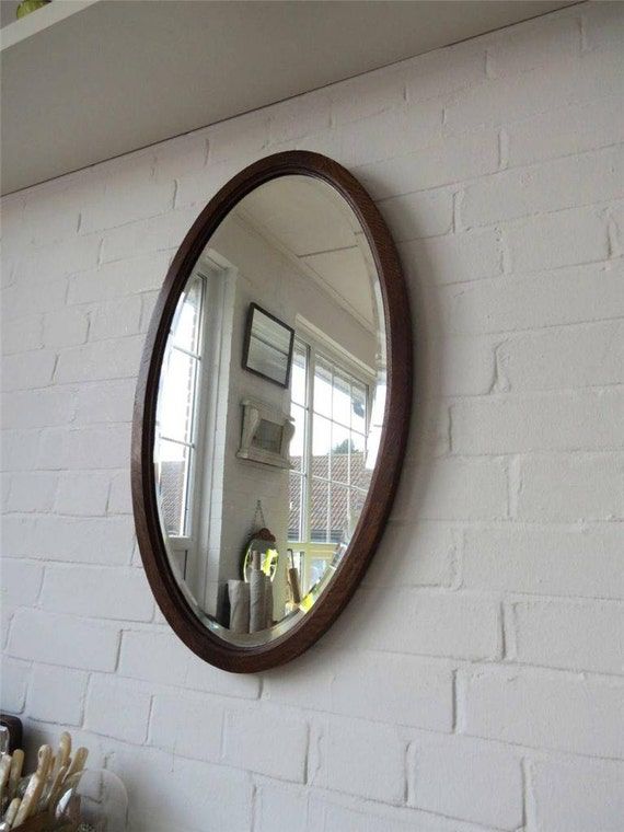 Vintage Large Oval Bevelled Edge Wall Mirror With Wood Art Regarding Smoke Edge Wall Mirrors (View 13 of 15)