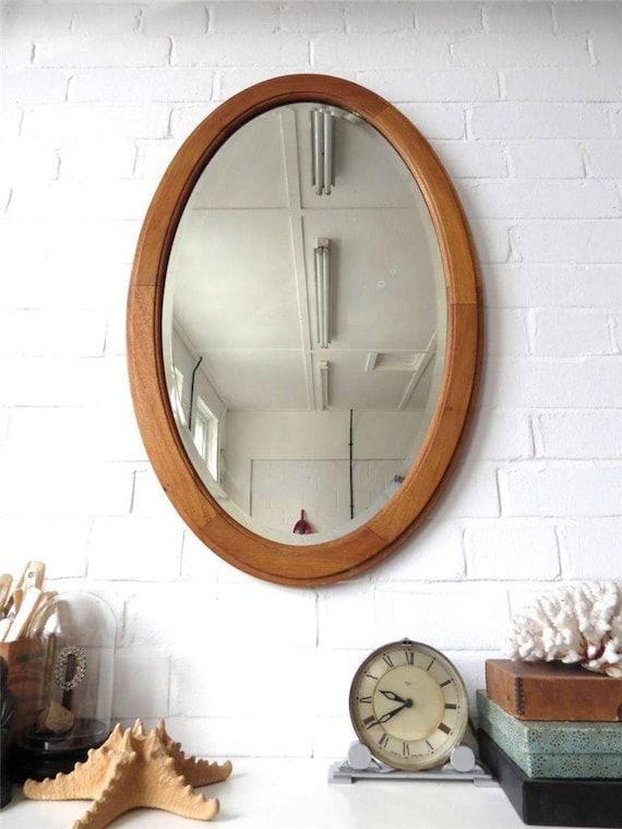 Vintage Large Oval Bevelled Edge Wall Mirror With Wood Art With Edged Wall Mirrors (View 5 of 15)