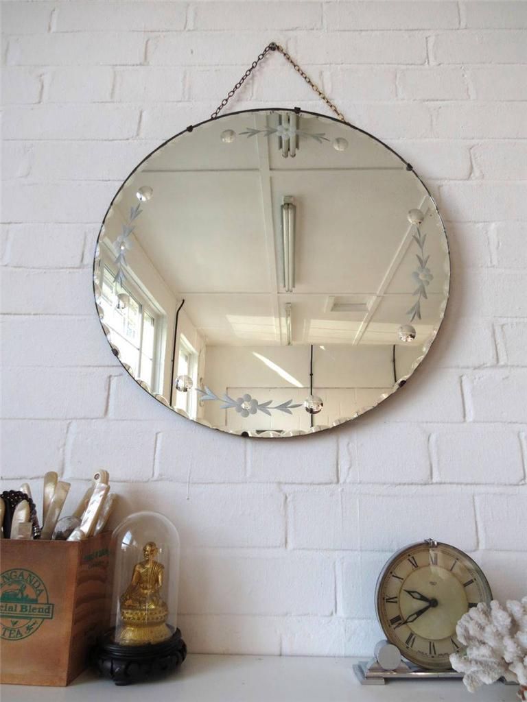 Vintage Large Round Bevelled Edge Art Deco Wall Mirror With Engraved Inside Round Edge Wall Mirrors (View 3 of 15)