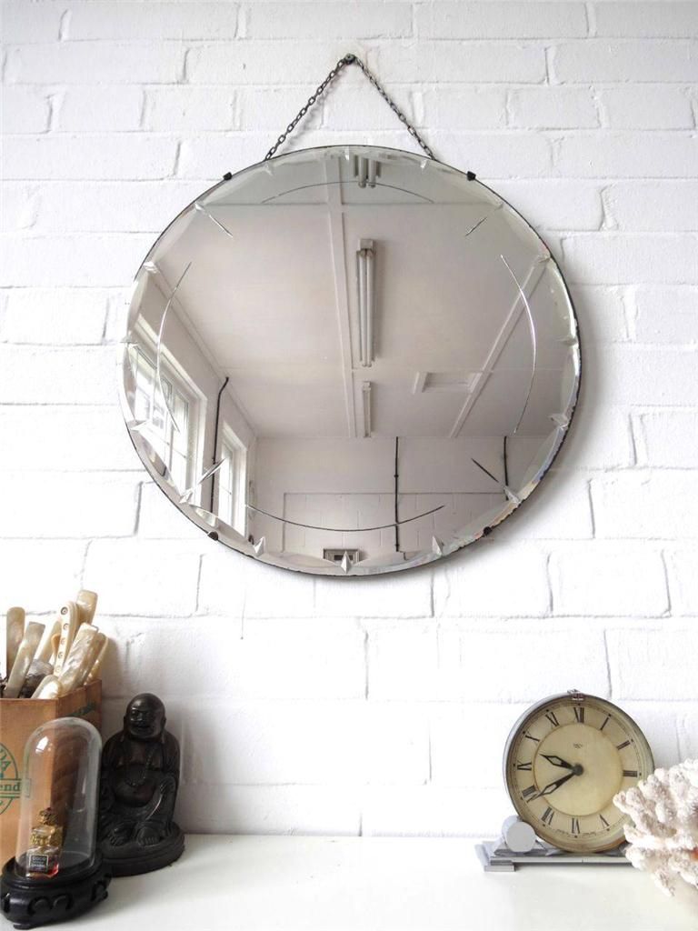 Vintage Large Round Bevelled Edge Wall Mirror Engraved Art Deco Beveled Pertaining To Round Edge Wall Mirrors (View 4 of 15)
