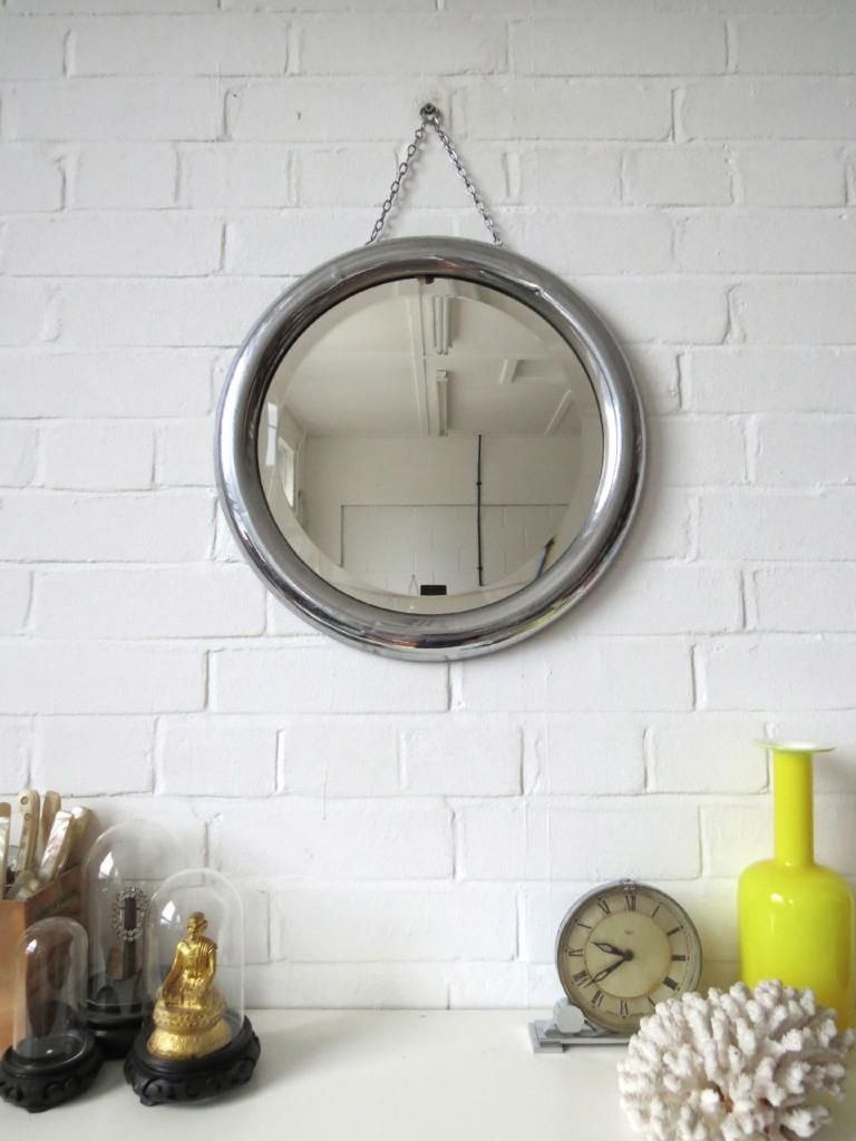 Vintage Round Art Deco Bevelled Edge Wall Mirror With Chrome Frame | Ebay For Round Edge Wall Mirrors (View 10 of 15)