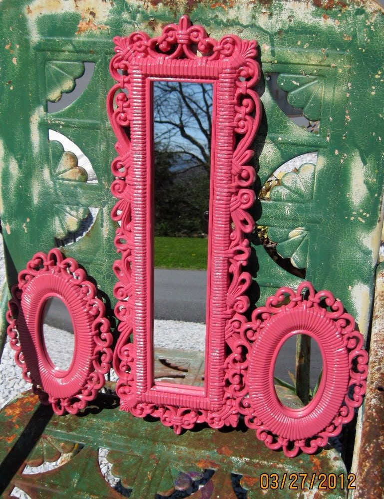 Vintage Syroco Usa Ornate Wall Mirrors Pink Set Of 3 In Pink Wall Mirrors (View 9 of 15)
