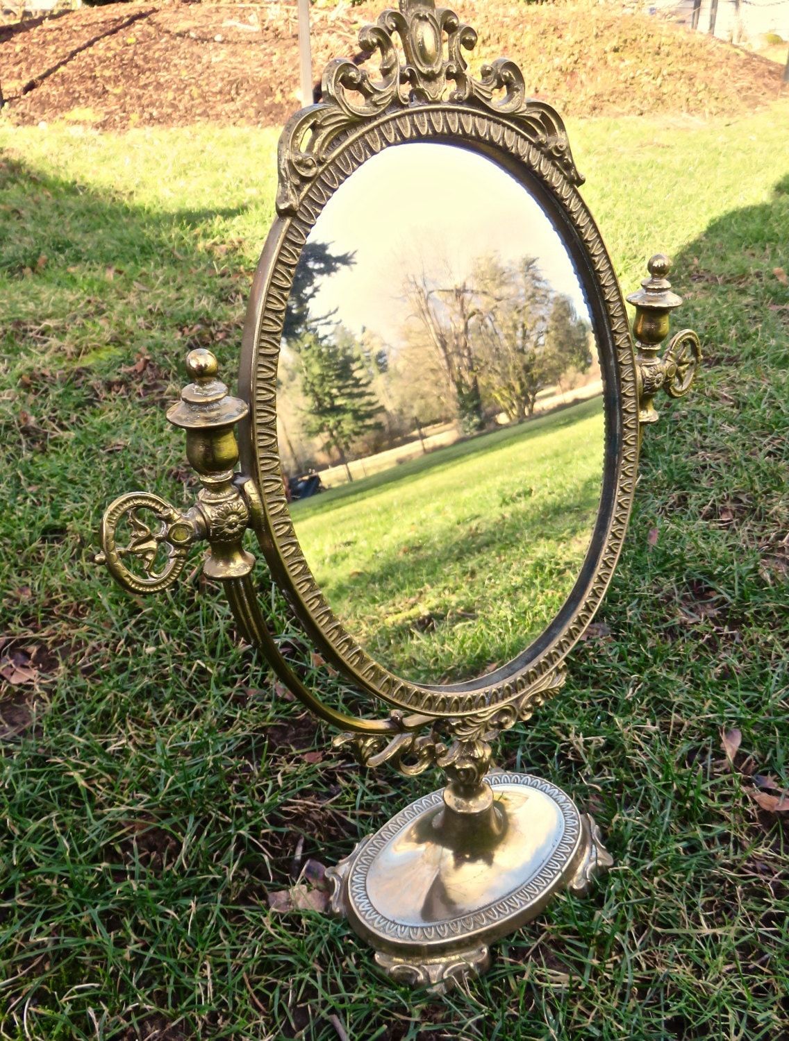 Vintage Vanity Mirror Ornate Pedestal Mirror Antique Brass Regarding Aged Silver Vanity Mirrors (View 8 of 15)