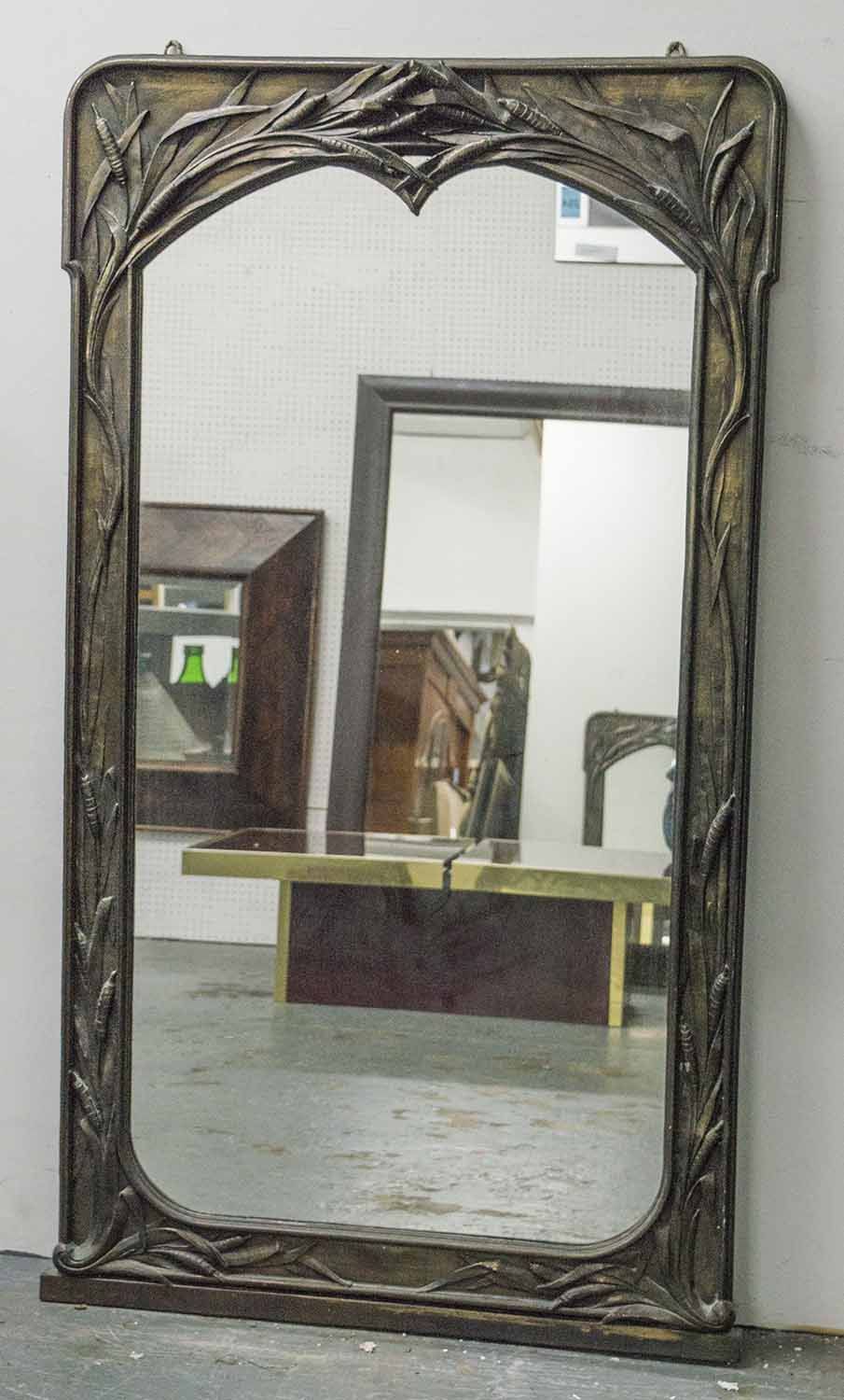 Wall Mirror, Art Nouveau Bronze With Arched Bull Rush Cast Frame, 134Cm Inside Bronze Arch Top Wall Mirrors (View 7 of 15)