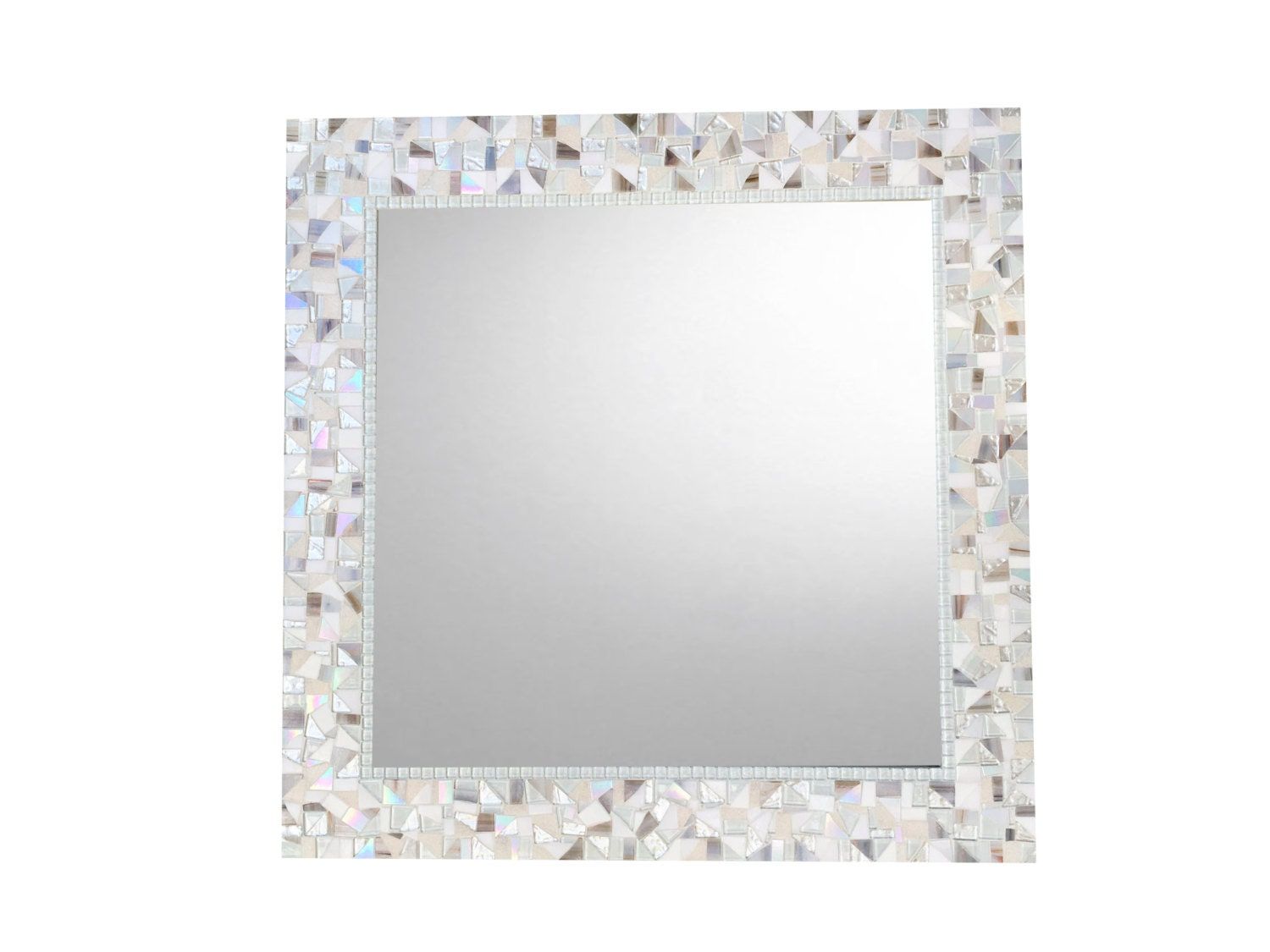 White Wall Mirror Beach House Decor Square Mosaic Mirror | Etsy Inside White Square Wall Mirrors (View 14 of 15)