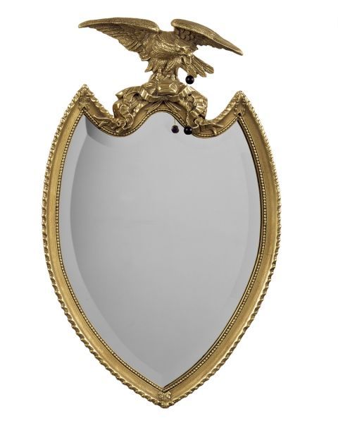 Wood And Composition Shield Design Beveled Mirror With Eagle, Two Balls Within Ring Shield Gold Leaf Wall Mirrors (View 11 of 15)