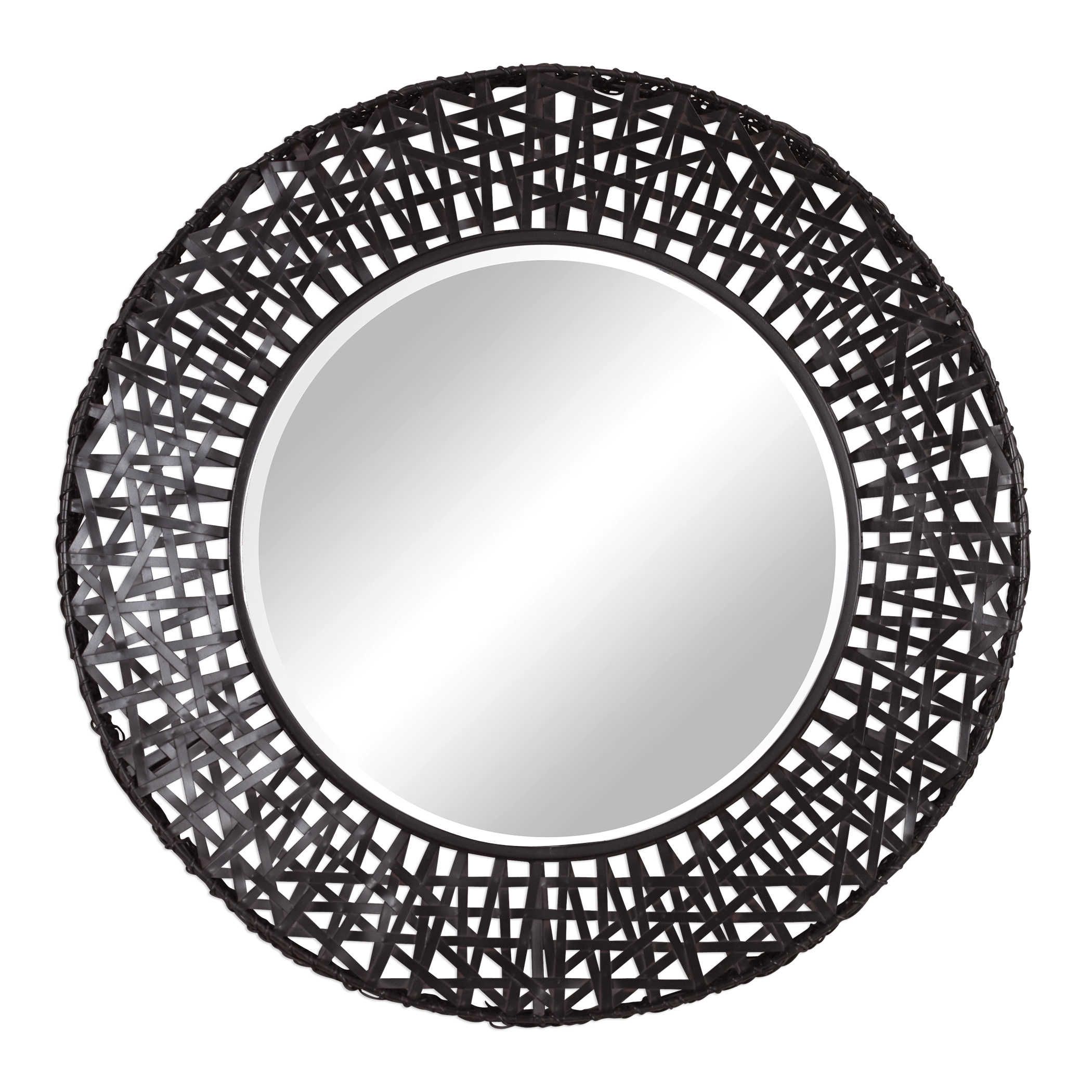 Woven Black Metal Strips Round Wall Mirror Modern Large 37 Regarding Scalloped Round Wall Mirrors (View 9 of 15)