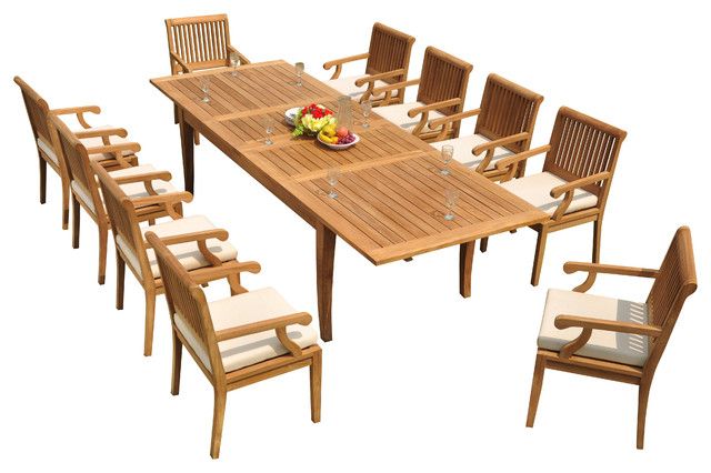 11 Piece Patio Teak Dining Set: 122" X Large Rectangle Table, 10 Sack With 11  Piece Teak Outdoor Dining Set (View 14 of 15)