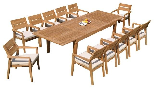 13 Piece Outdoor Teak Dining Set: 122" Rectangle Table 12 Celo Stacking For 13 Piece Extendable Patio Dining Sets (View 7 of 15)