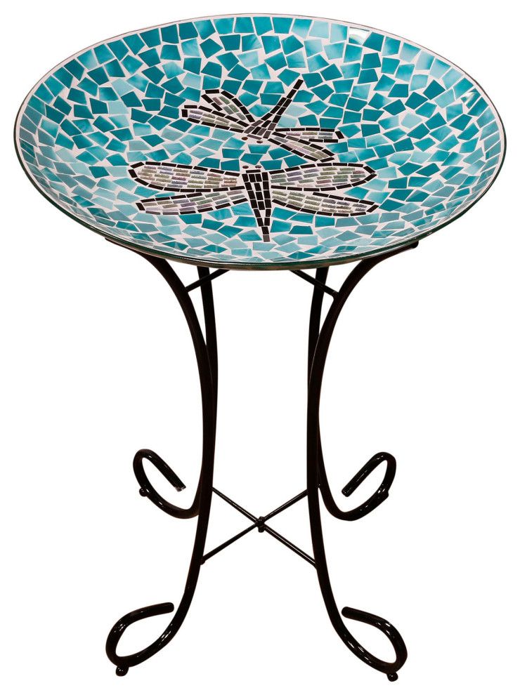 18" Dragonfly Duo Mosaic Glass Birdbath With Metal Stand – Traditional Inside Dragonfly Mosaic Outdoor Accent Tables (View 4 of 15)