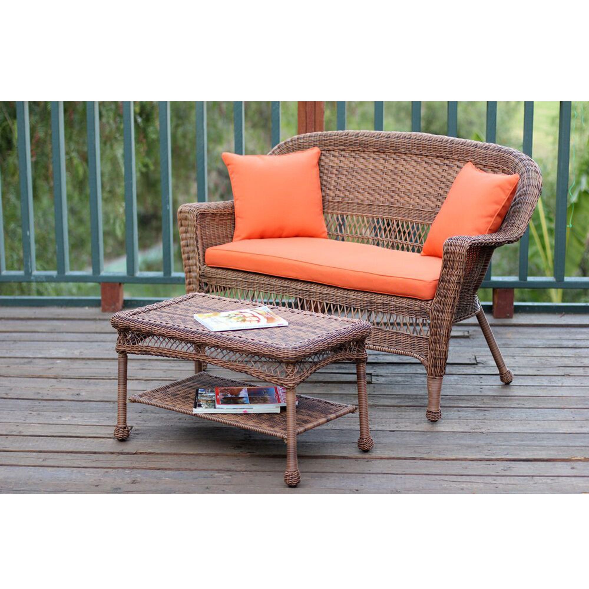 2 Piece Oswald Honey Wicker Patio Loveseat And Coffee Table Set In Outdoor Wicker Orange Cushion Patio Sets (View 3 of 15)