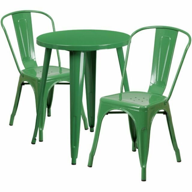 24In Round Green Metal Indoor Outdoor Table Set With 2 Cafe Chairs For With Regard To Green Steel Indoor Outdoor Armchair Sets (View 4 of 15)