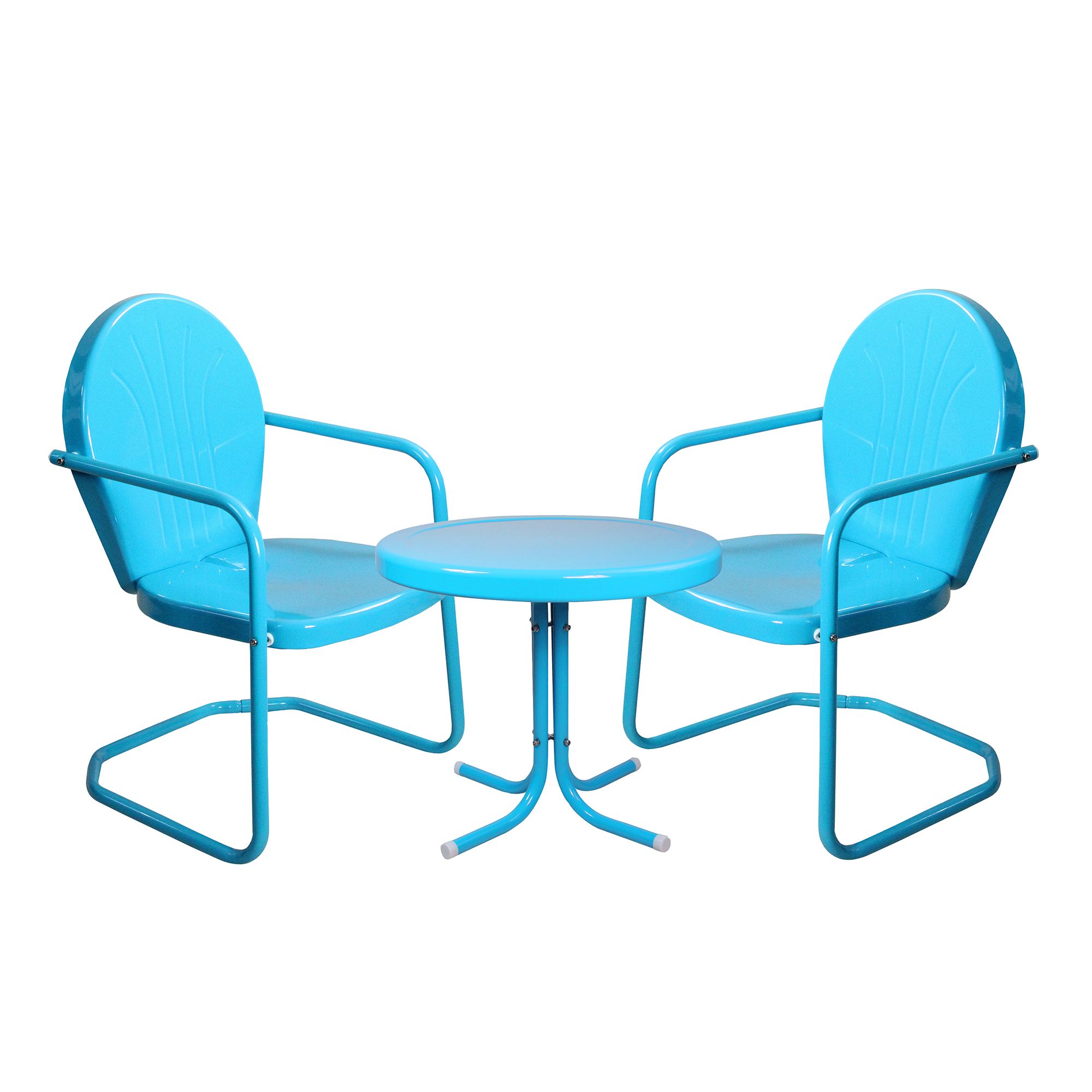 3 Piece Retro Metal Tulip Chairs And Side Table Outdoor Set, Turquoise Throughout Blue 3 Piece Outdoor Seating Sets (View 12 of 15)