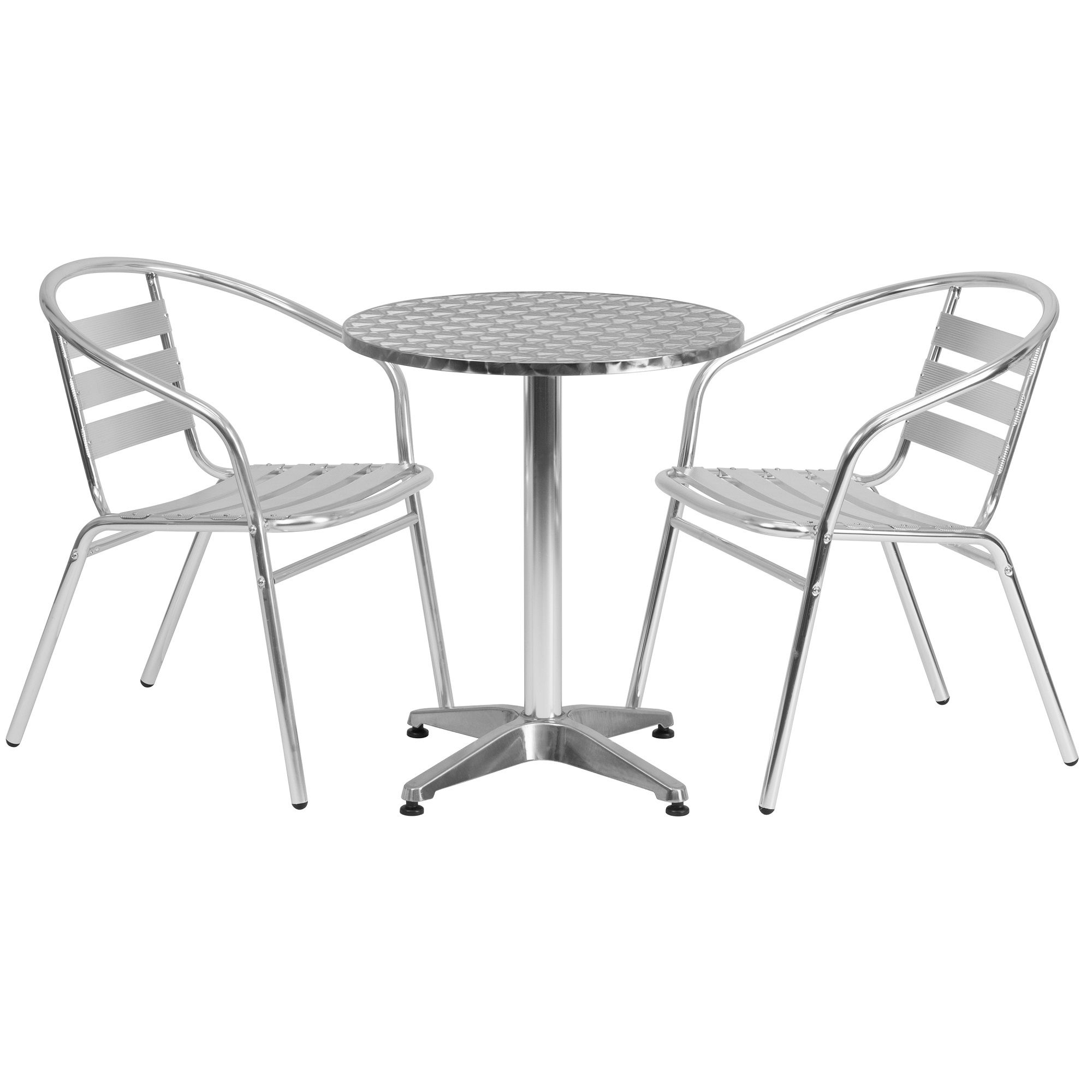 3 Piece Silver Round Slat Back Outdoor Furniture Patio Table And Stack Inside 3 Piece Outdoor Table And Chair Sets (View 15 of 15)