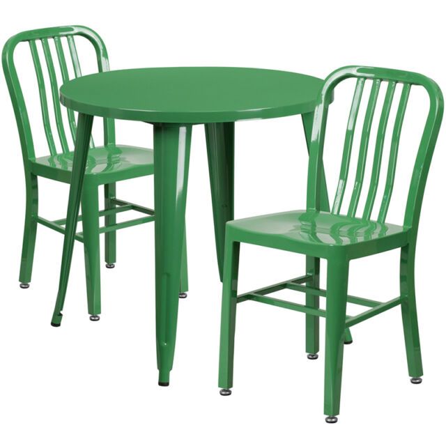 30'' Round Green Metal Indoor Outdoor Restaurant Table Set W/ 2 Slat Inside Green Steel Indoor Outdoor Armchair Sets (View 7 of 15)