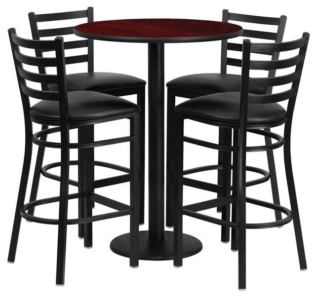 30'' Round Mahogany Table Set With 4 Ladder Back Bar Stools – Black With Bar Tables With 4 Counter Stools (View 1 of 15)