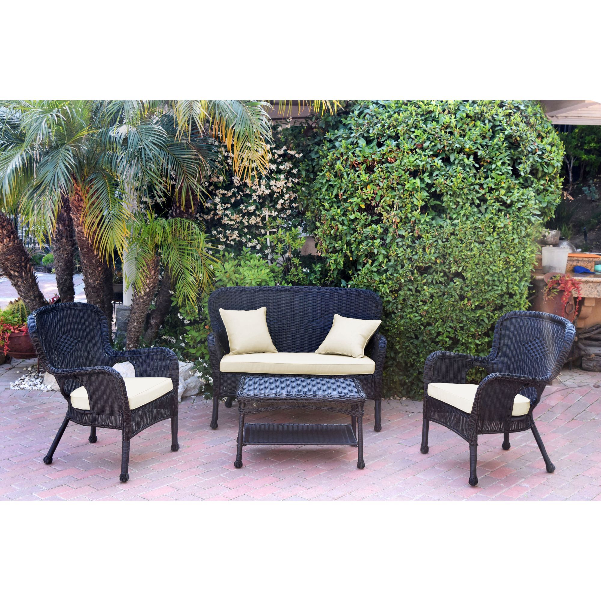 4 Piece Black Wicker Outdoor Furniture Patio Conversation Set – Ivory Inside Dark Brown Patio Chairs With Cushions (View 2 of 15)