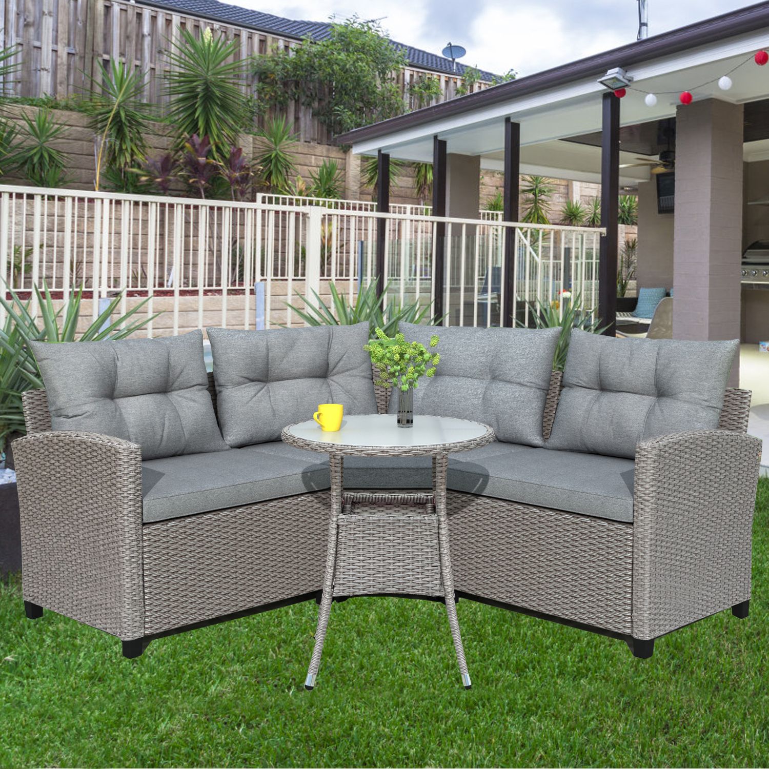 4 Piece Outdoor Patio Sofa Furniture Sets, Gray Rattan Wicker Patio Set With Regard To 4 Piece Outdoor Sectional Patio Sets (View 1 of 15)
