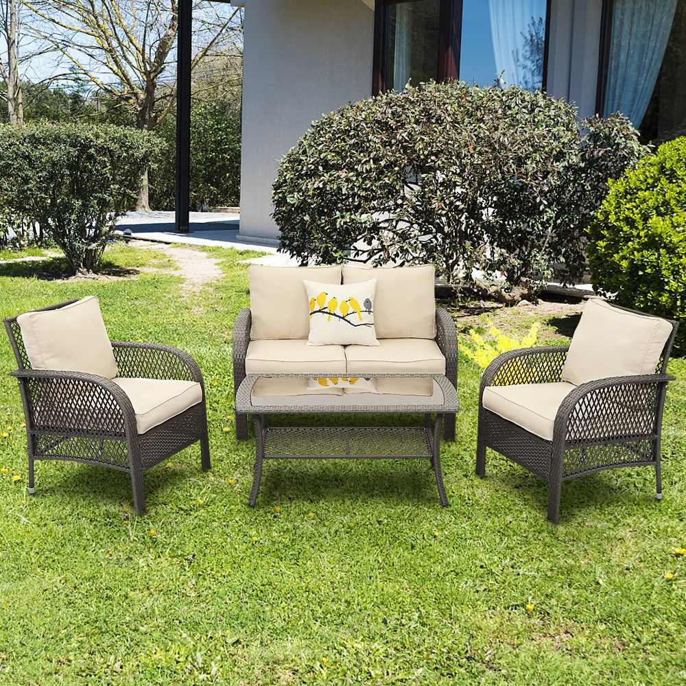 4 Piece Patio Furniture Set All Weather Wicker Rattan Conversation Set Pertaining To 4 Piece Wicker Outdoor Seating Sets (View 5 of 15)