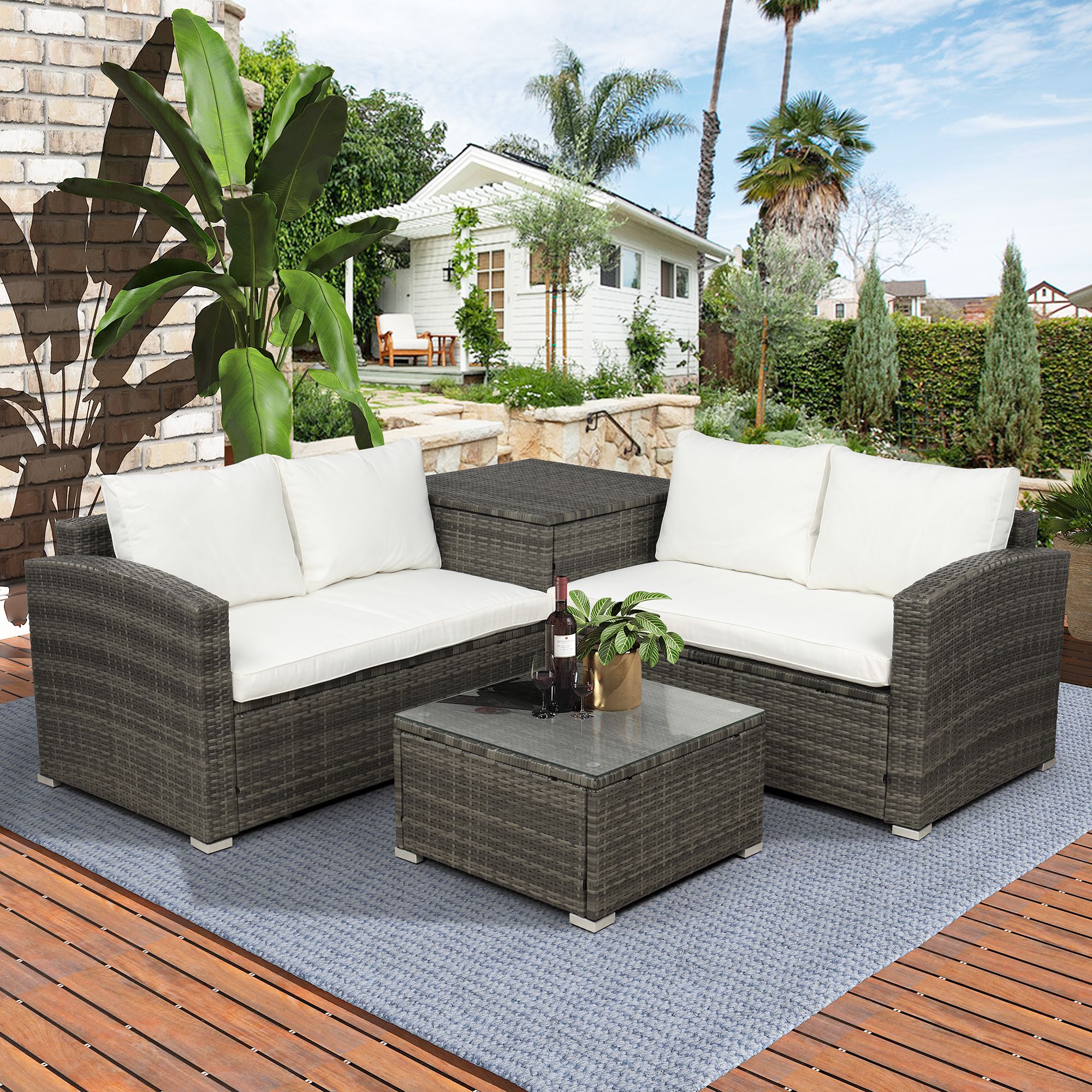 4 Piece Rattan Patio Furniture Sets, Wicker Bistro Patio Set With With Regard To 4 Piece Gray Outdoor Patio Seating Sets (View 5 of 15)