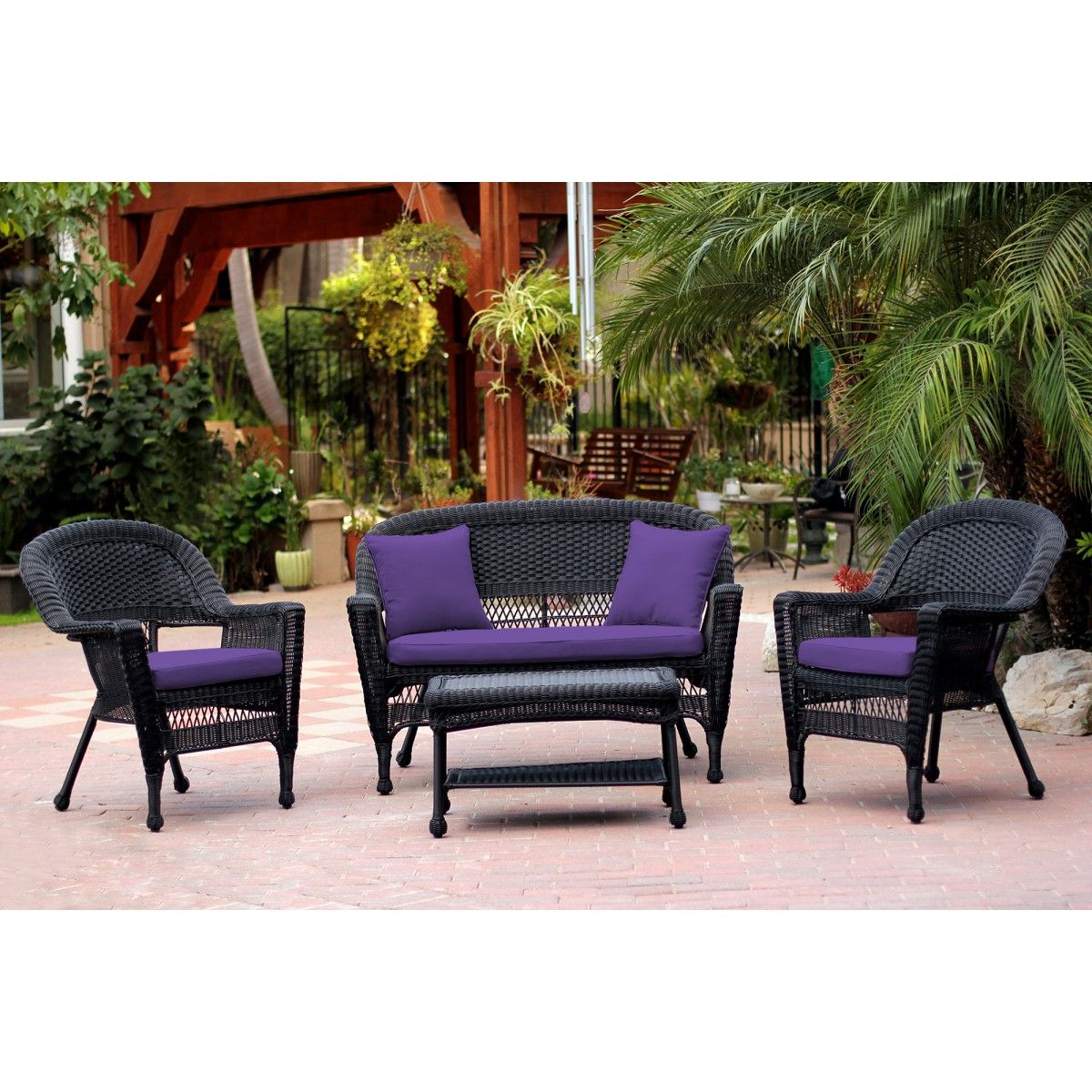 4Pc Black Wicker Conversation Set – Purple Cushion Throughout Black Cushion Patio Conversation Sets (View 12 of 15)