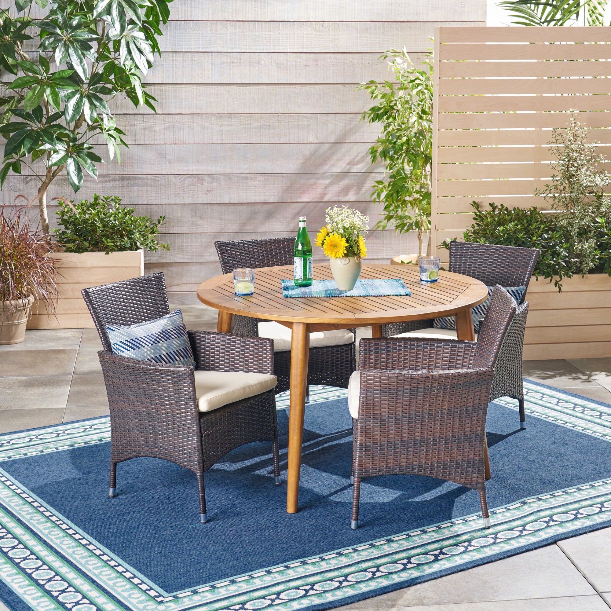 5 Piece Brown Wicker Finish Round Outdoor Furniture Patio Dining Set Regarding Round 5 Piece Outdoor Patio Dining Sets (View 3 of 15)