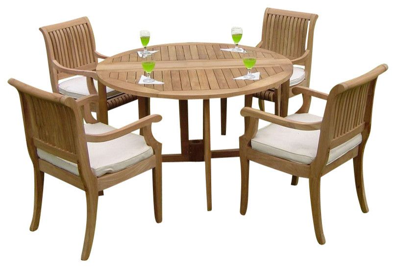 5 Piece Outdoor Teak Dining Set, 48" Round Butterfly Table, 4 Giva Arm Regarding Teak Armchair Round Patio Dining Sets (View 12 of 15)