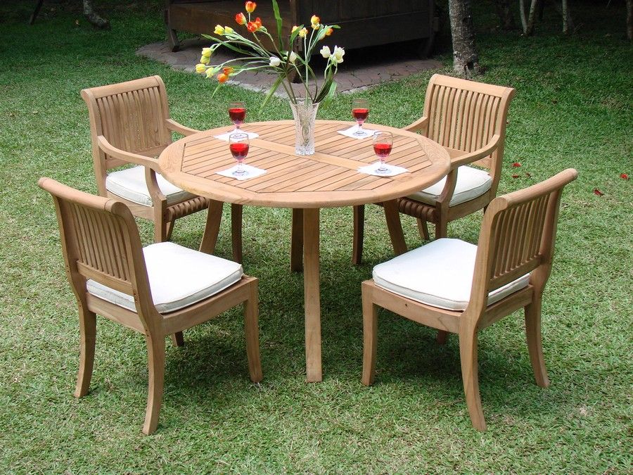 5 Piece Outdoor Teak Dining Set: 48" Round Table, 2 Arms, 2 Armless For Teak Armchair Round Patio Dining Sets (View 13 of 15)