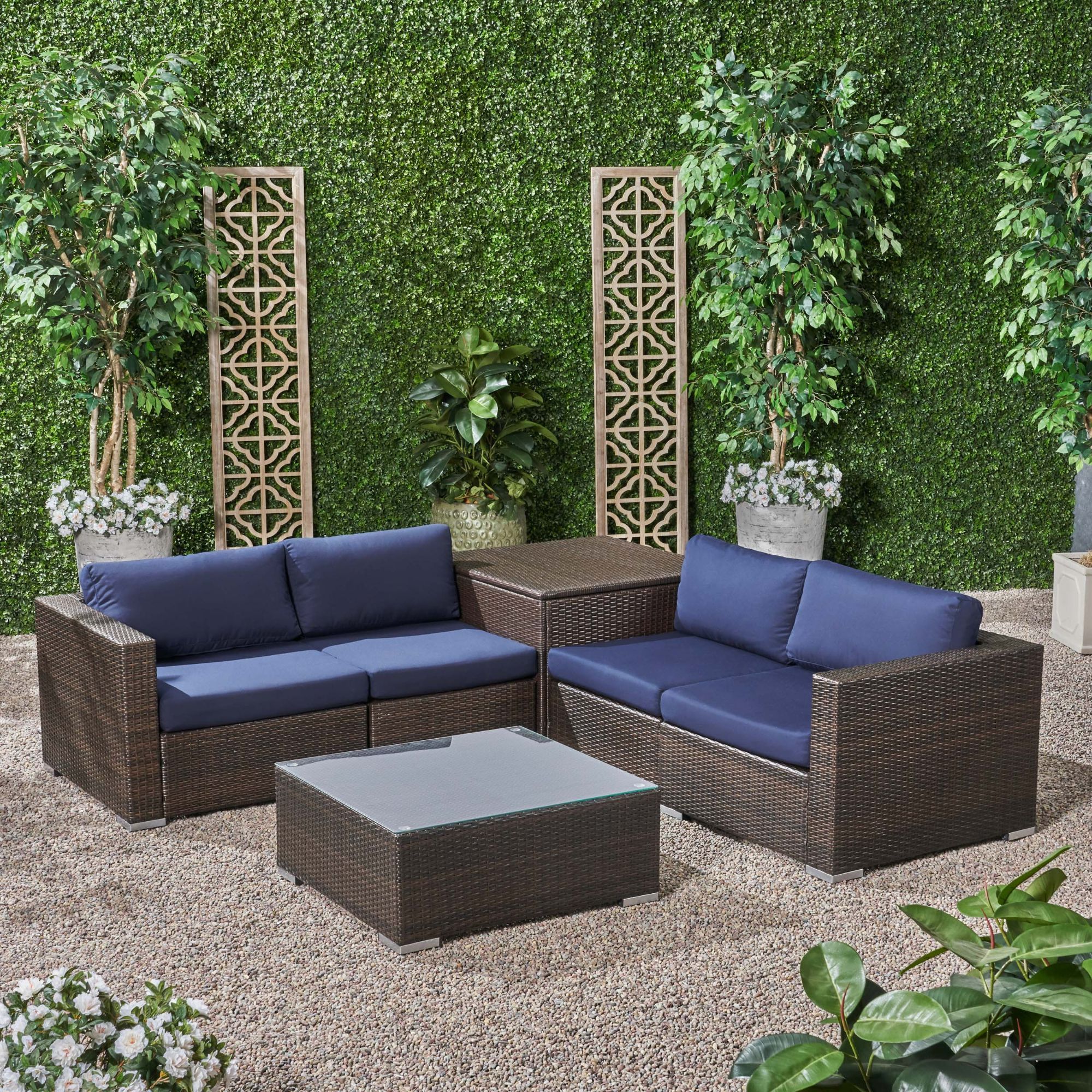 6 Piece Brown Wicker Finish Outdoor Furniture Patio Conversation Set Pertaining To Navy Outdoor Seating Sectional Patio Sets (View 3 of 15)