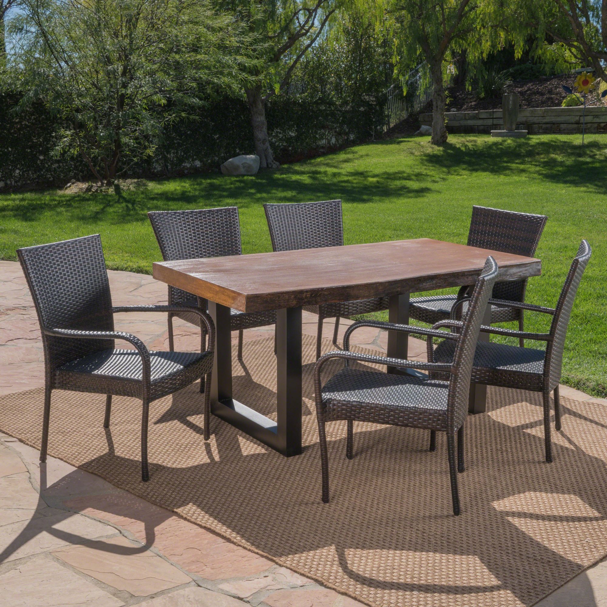 7 Piece Antique Brown And Black Wicker Finish Outdoor Furniture Patio In Dark Brown Patio Dining Sets (View 3 of 15)