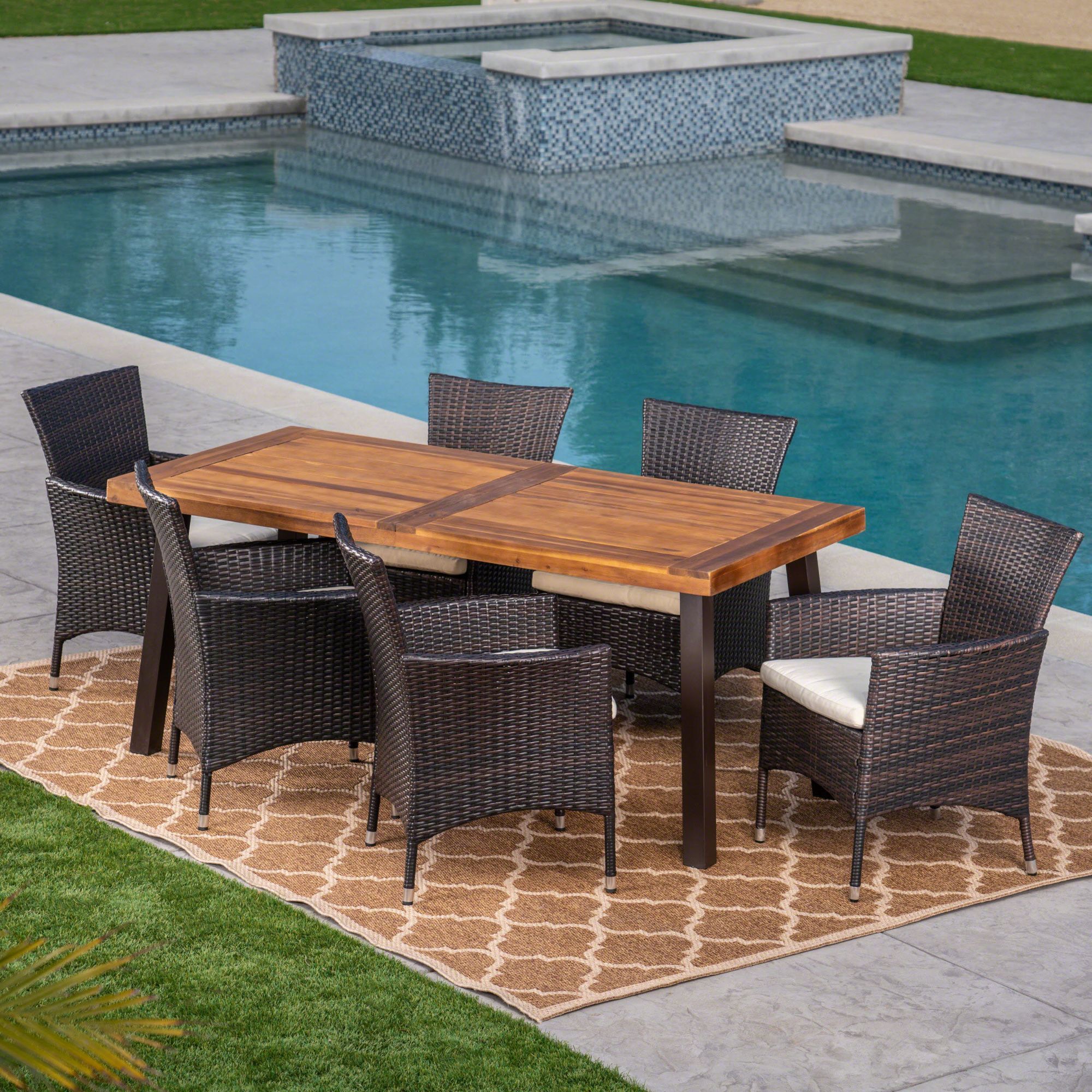 7 Piece Brown Contemporary Wicker Outdoor Furniture Patio Dining Set With Regard To Patio Dining Sets With Cushions (View 11 of 15)