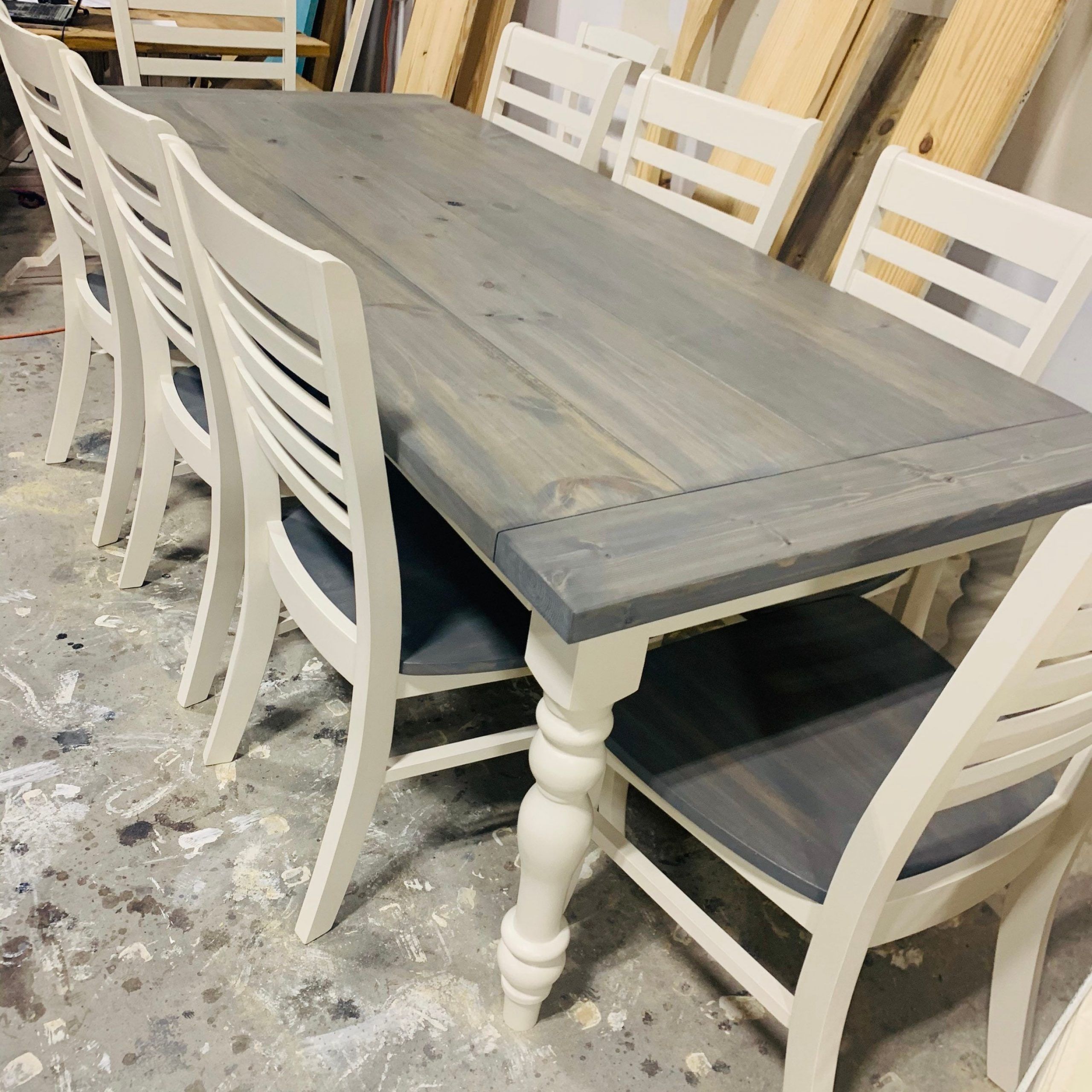 7Ft Rustic Farmhouse Table With Turned Legs, Chair Set Classic Gray Top With Regard To Black And Gray Outdoor Table And Chair Sets (View 15 of 15)