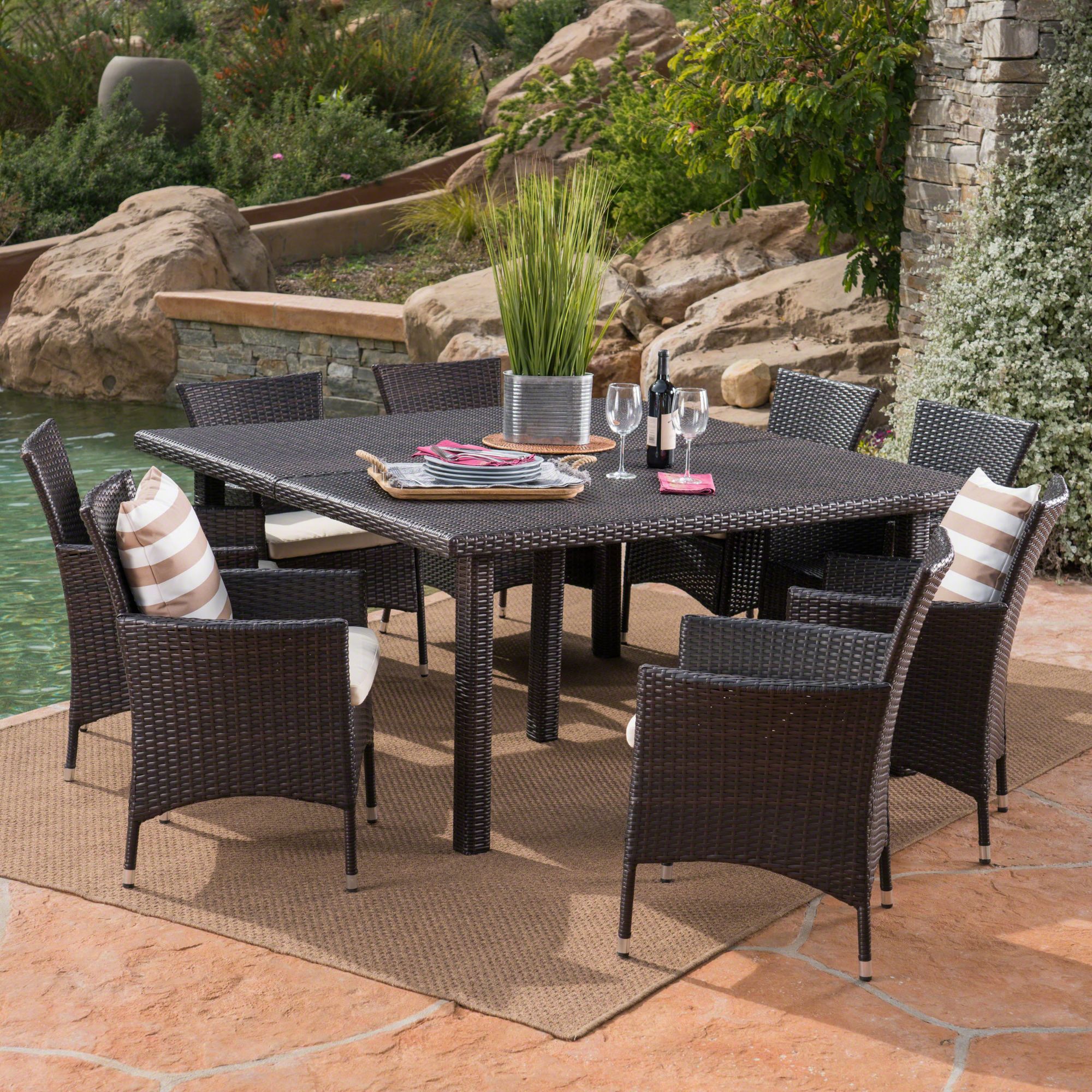 9 Piece Brown Finish Square Wicker Outdoor Furniture Patio Dining Set Intended For Rattan Wicker Outdoor Seating Sets (View 7 of 15)