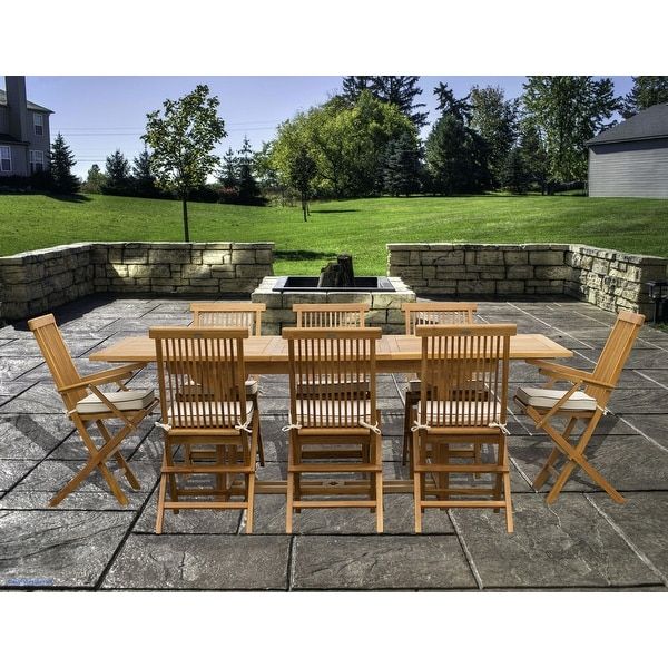 9 Piece Teak Wood Miami Patio Dining Set With Rectangular Extension Within 9 Piece Teak Outdoor Square Dining Sets (View 15 of 15)