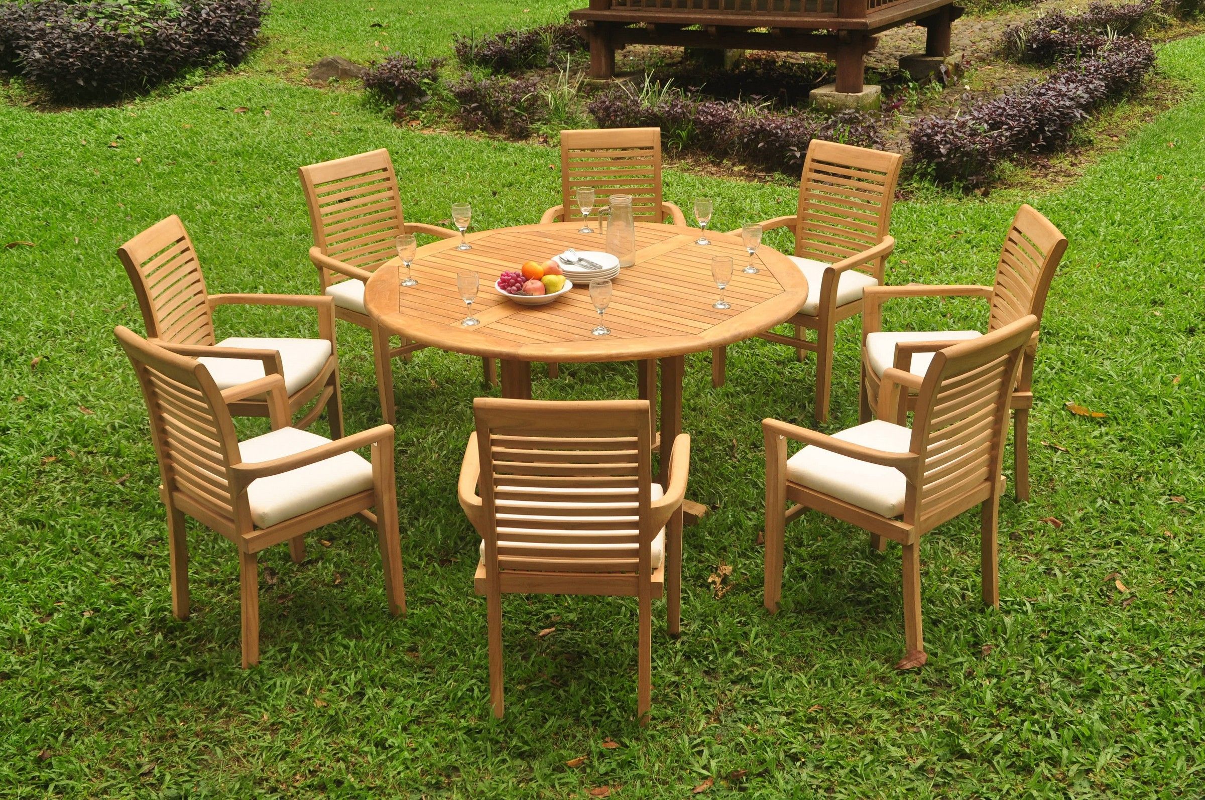 A Grade Teak 9Pc Dining 60" Round Table 8 Mas Stacking Arm Chair Set For Teak Armchair Round Patio Dining Sets (View 9 of 15)