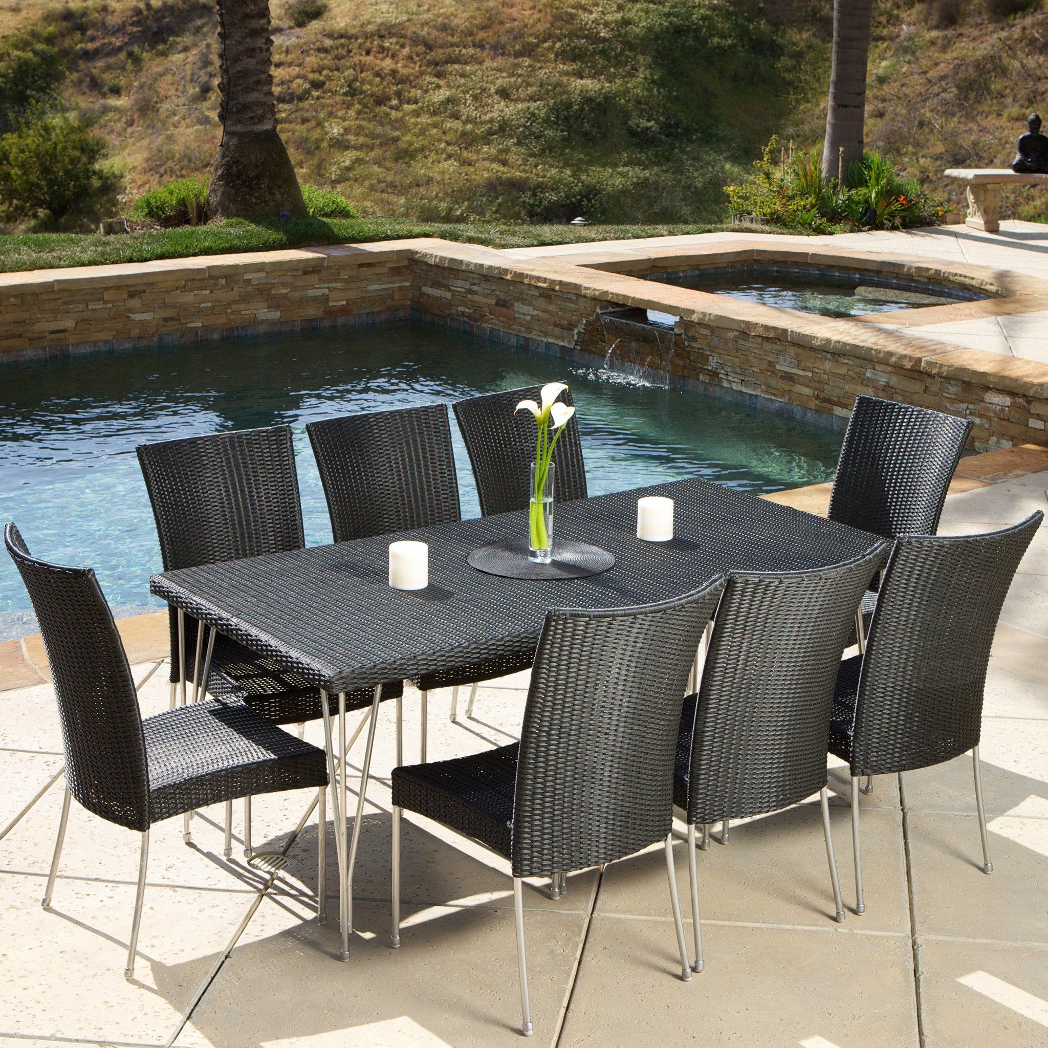 Ad: Tampa 9 Piece Outdoor Black Wicker Dining Set #Deals | Patio Regarding Black Outdoor Modern Chairs Sets (View 2 of 15)