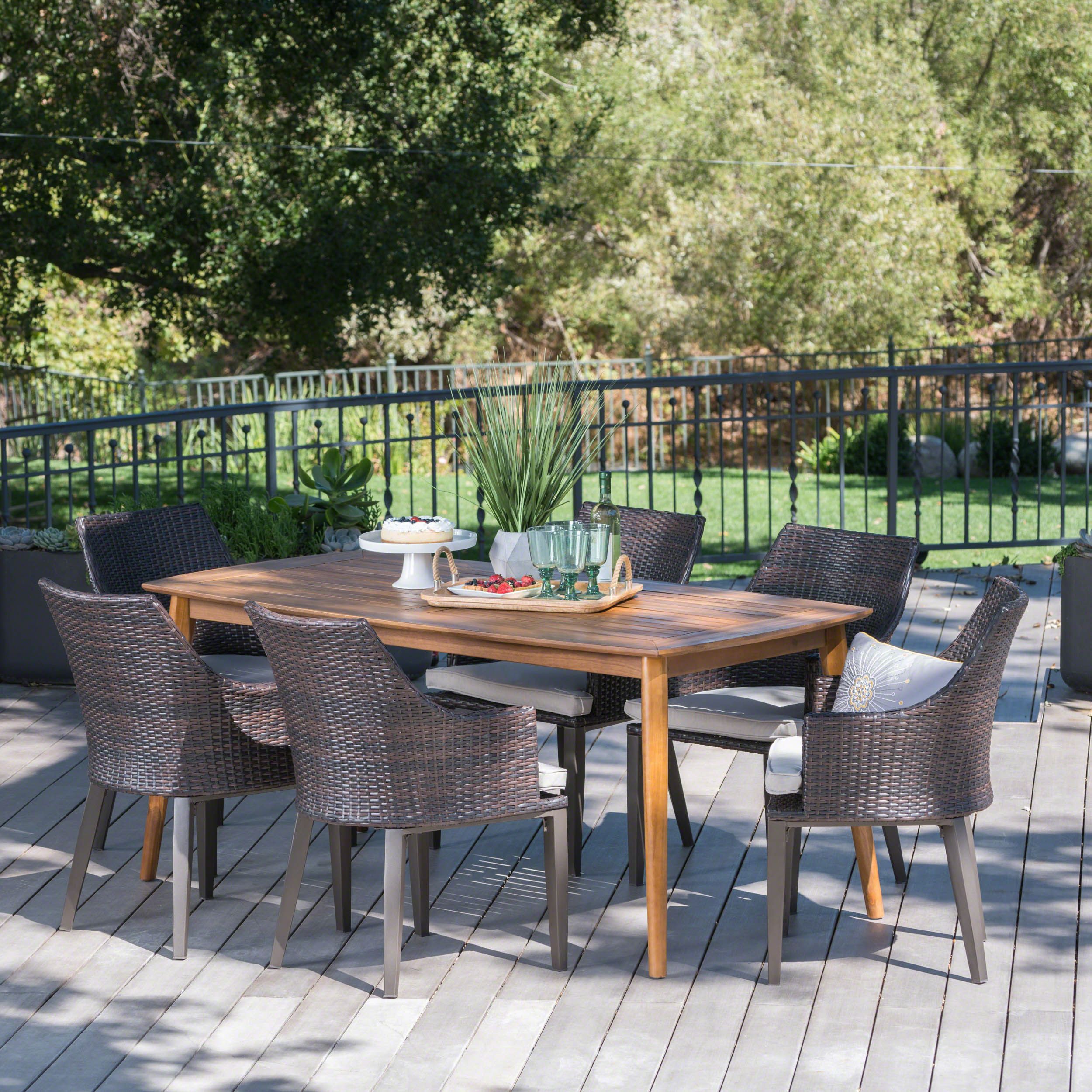 Alexa Outdoor 7 Piece Wicker Rectangular Dining Set With Acacia Wood In Teak Outdoor Square Dining Sets (View 9 of 15)