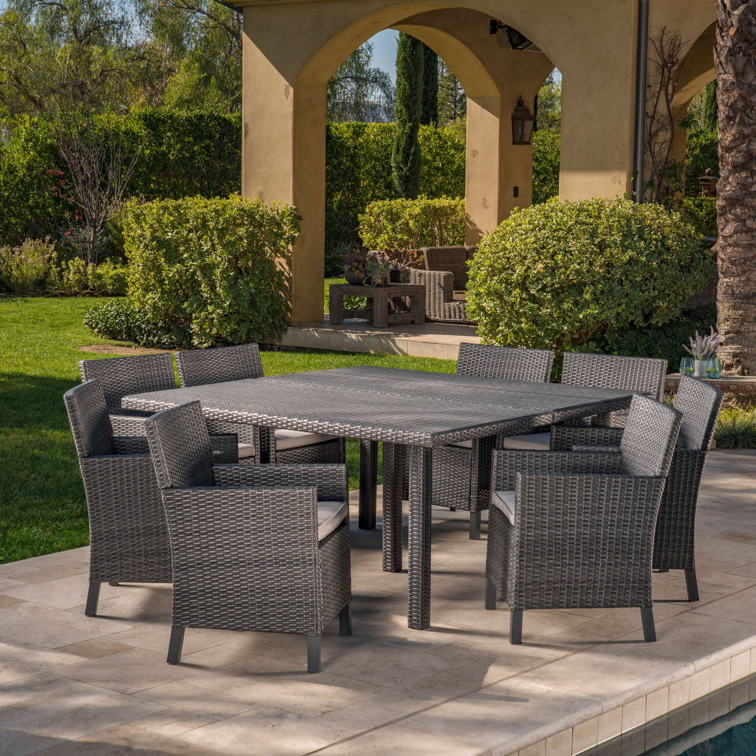 Alice Outdoor 9 Piece Wicker Square Dining Set With Water Resistant Pertaining To Gray Wicker Rectangular Patio Dining Sets (View 6 of 15)