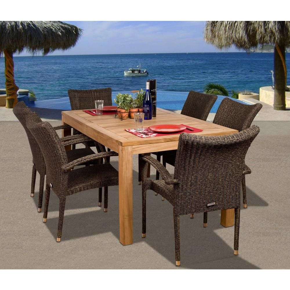 Amazonia Brussels 7 Piece Teak/All Weather Wicker Patio Dining Set Sc With 7 Pieces Teak Outdoor Dining Sets (View 6 of 15)