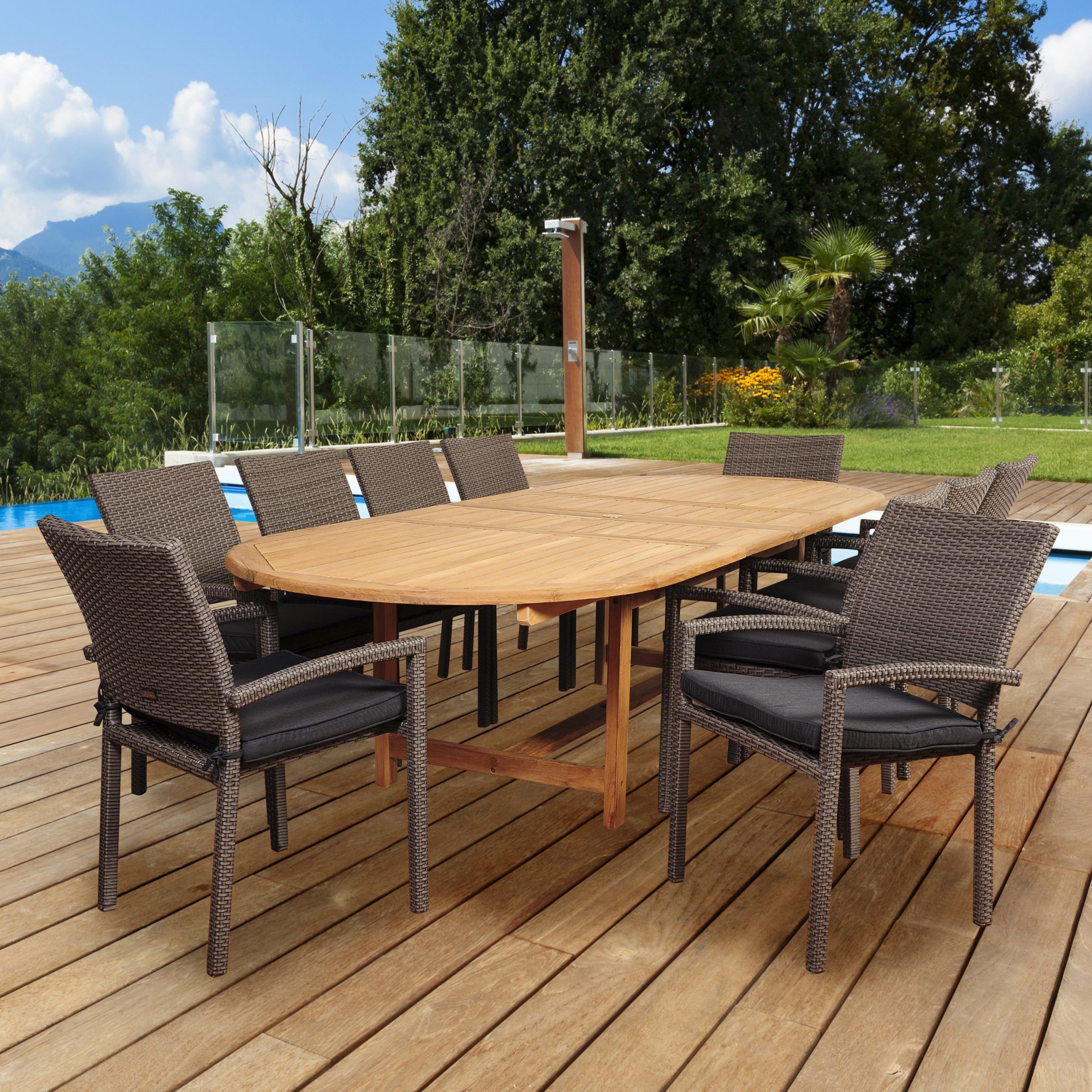 Amazonia City Villa 11 Piece Teak/Wicker Double Extendable Oval Dining Inside Teak And Wicker Dining Sets (View 2 of 15)