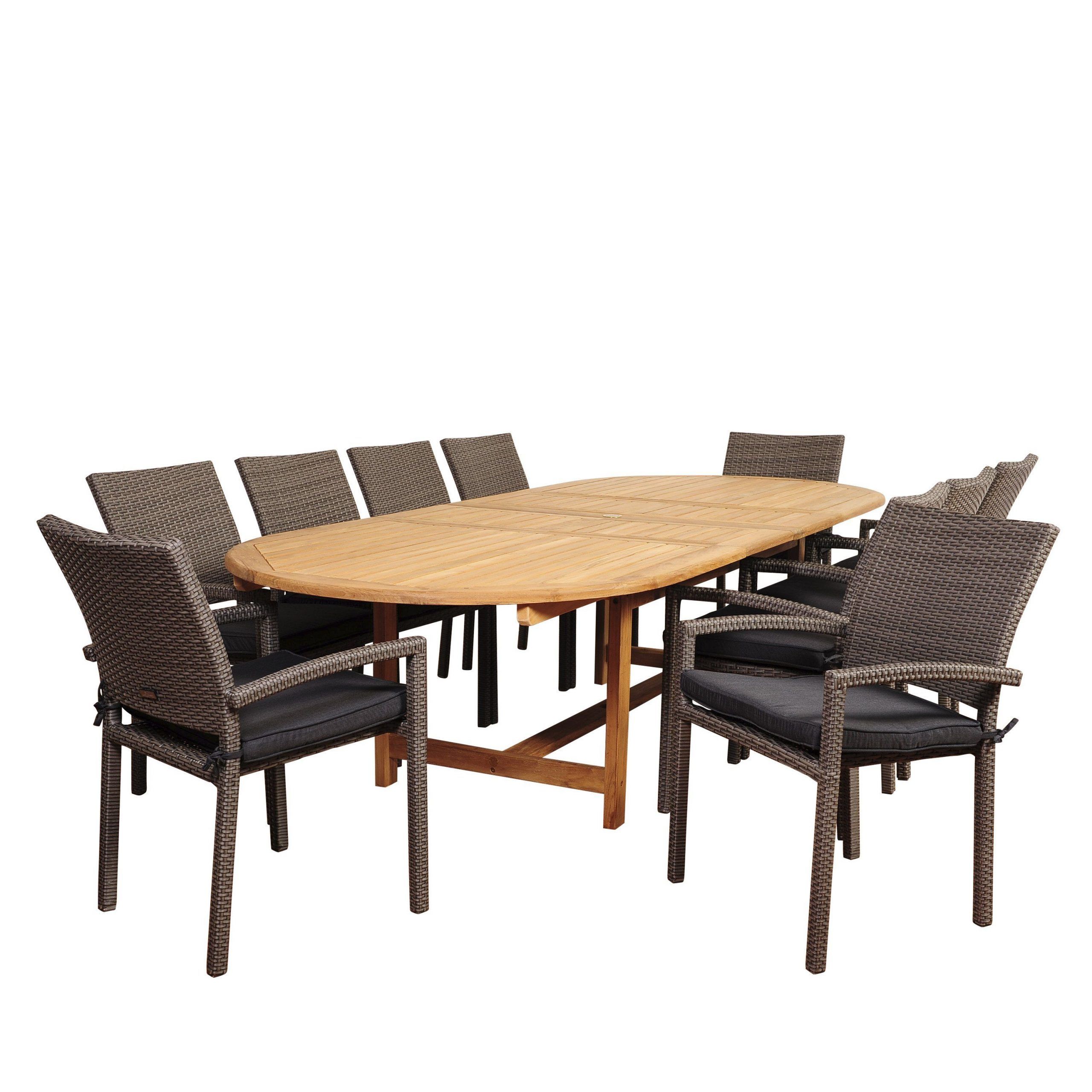 Amazonia City Villa 11 Piece Teak/Wicker Double Extendable Oval Dining Within Gray Extendable Patio Dining Sets (View 12 of 15)