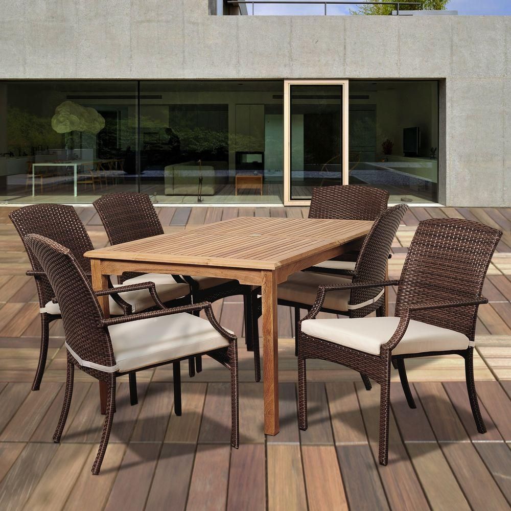 Amazonia Cocker 7 Piece Teak Rectangular Patio Dining Set With Off Intended For Off White Cushion Patio Dining Sets (View 2 of 15)