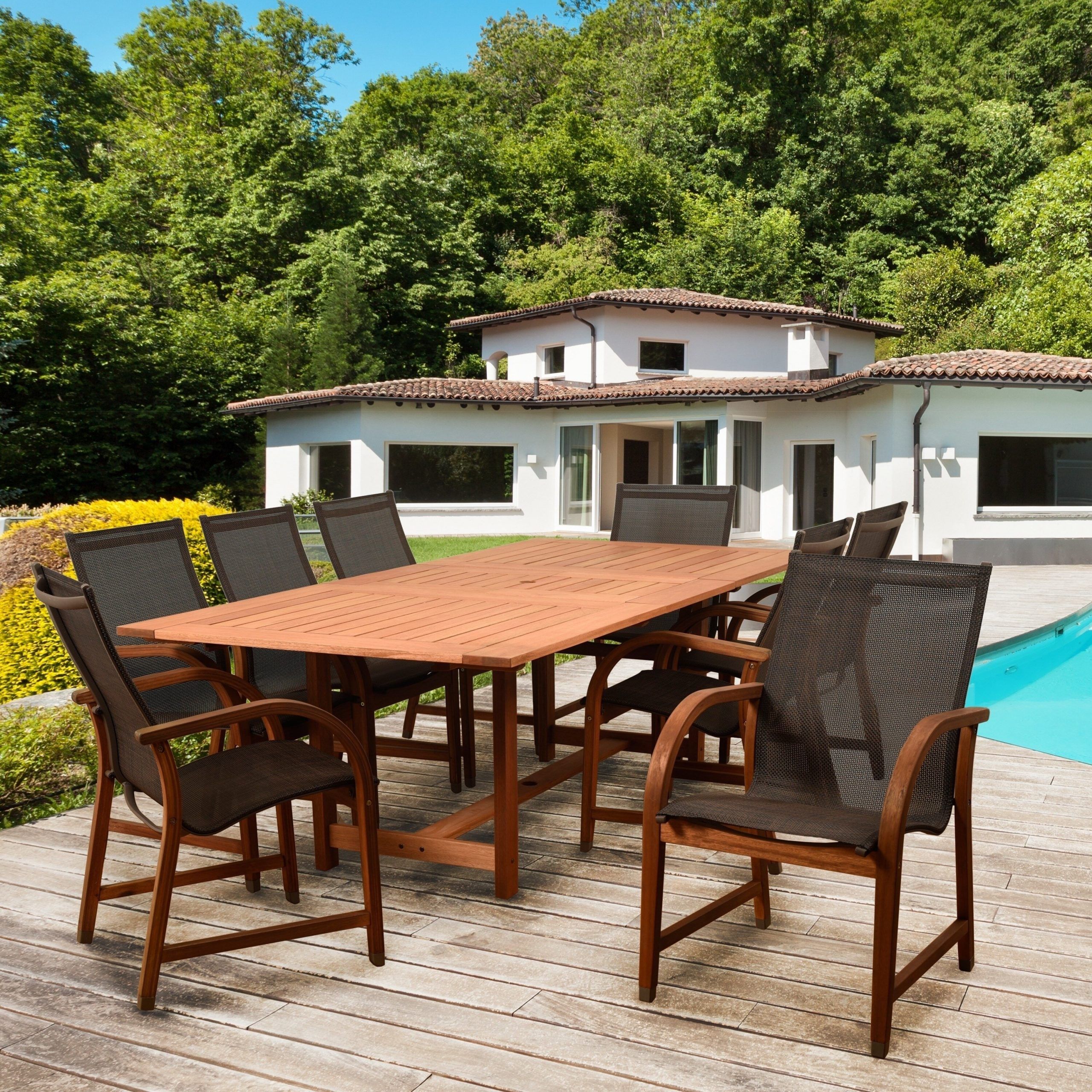 Amazonia Cosmopolitan Brown 9 Piece Rectangular Patio Dining Set Pertaining To Brown 9 Piece Outdoor Dining Sets (View 2 of 15)