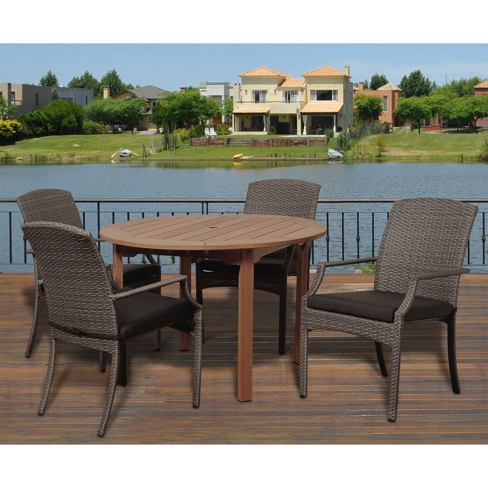 Amazonia Dale 5 Piece Eucalyptus Round Patio Dining Set With Grey With Regard To Round 5 Piece Outdoor Patio Dining Sets (View 13 of 15)