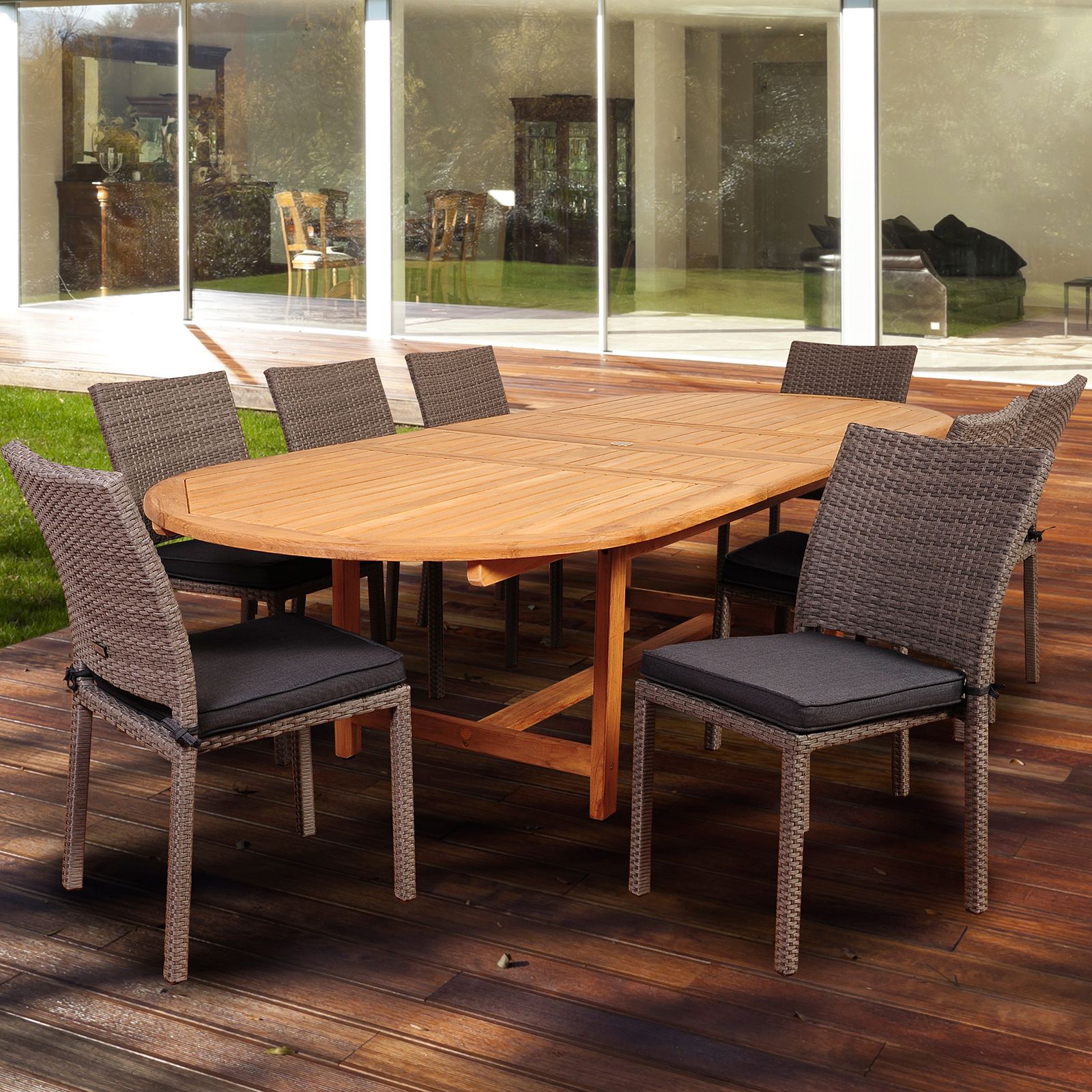 Amazonia East Point 9 Piece Double Extendable Dining Set With Cushions Throughout Extendable Patio Dining Set (View 8 of 15)