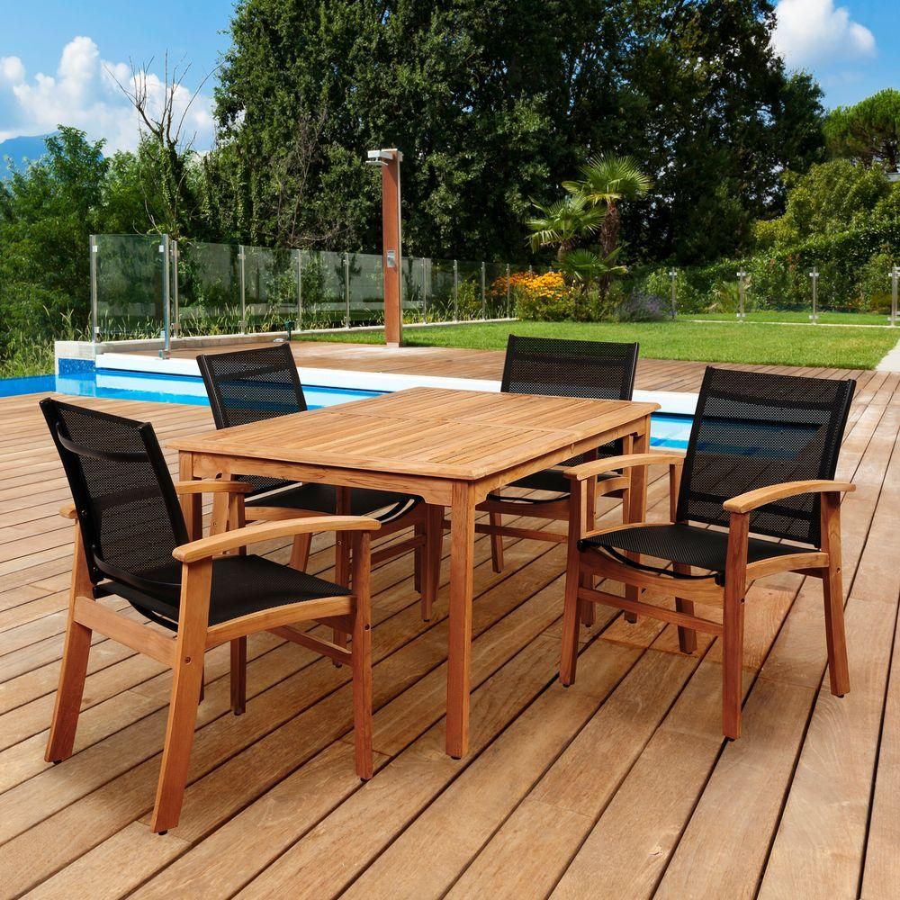 Amazonia Elliot 5 Piece Teak Rectangular Patio Dining Set With Black Within 5 Piece Outdoor Bench Dining Sets (View 2 of 15)