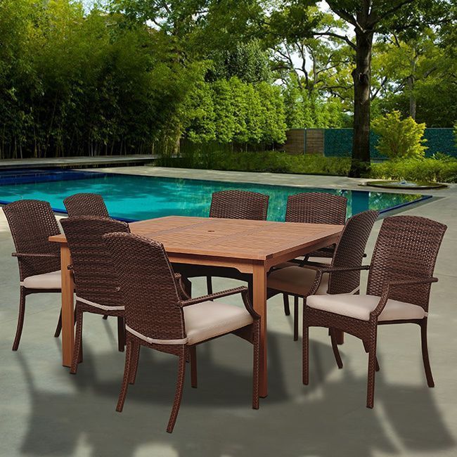 Amazonia Granada 9 Piece Eucalyptus Wood And Wicker Square Dining Set Pertaining To Off White Cushion Patio Dining Sets (View 12 of 15)