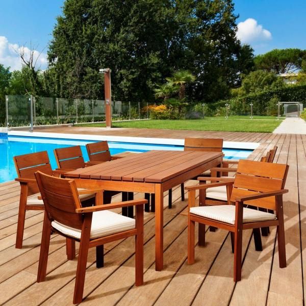 Amazonia Lombardo 9 Piece Eucalyptus Rectangular Patio Dining Set With In Off White Cushion Patio Dining Sets (View 11 of 15)