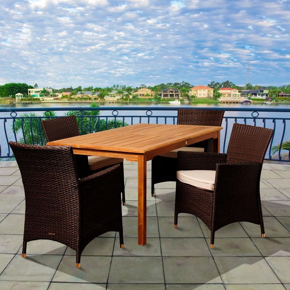 Amazonia Moore 5 Piece Teak Rectangular Patio Dining Set With Off White With Teak Outdoor Square Dining Sets (View 5 of 15)